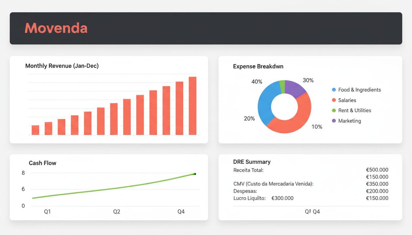 Dashboard financeiro do Movenda com gráficos de receita e DRE