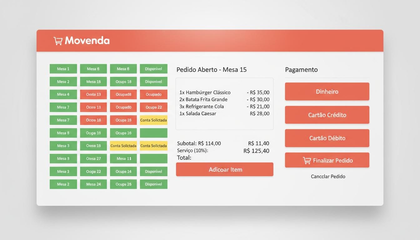 Interface do PDV Movenda mostrando grid de mesas com status coloridos