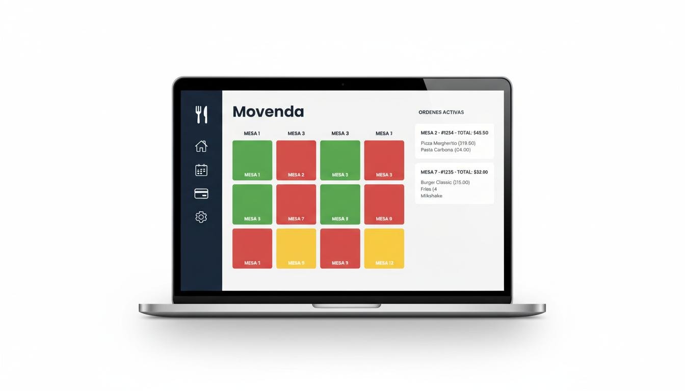Dashboard do Movenda mostrando controle de mesas e pedidos em tempo real